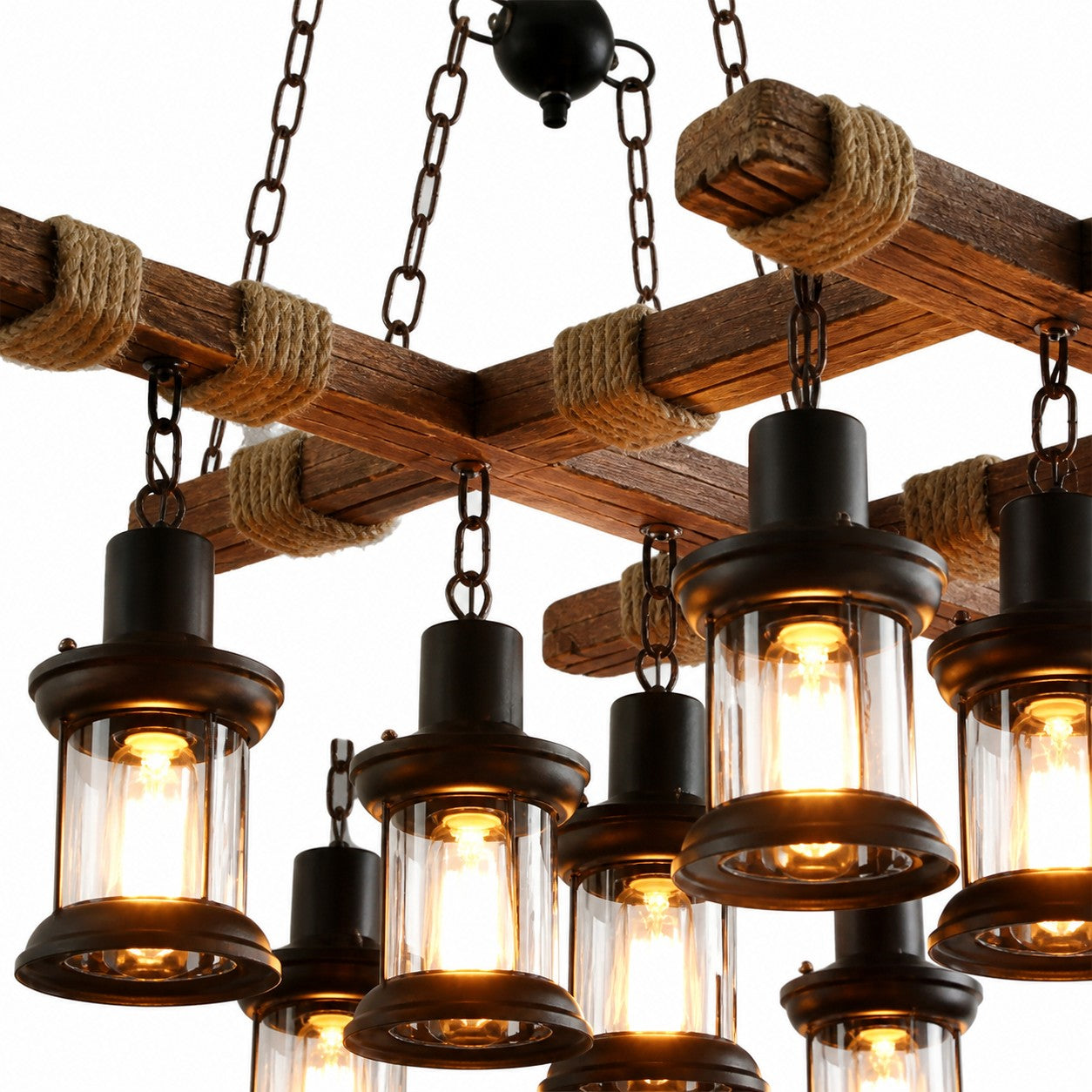 Rustic Wood Beam and Rope 8-Light Chandelier detail image 7