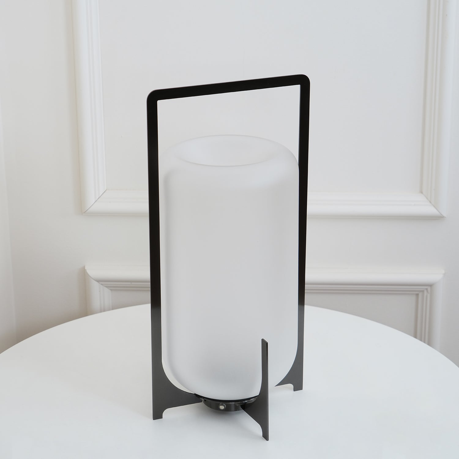 Black Lantern Table Lamp - Outdoor LED Light with Blown Glass Shade