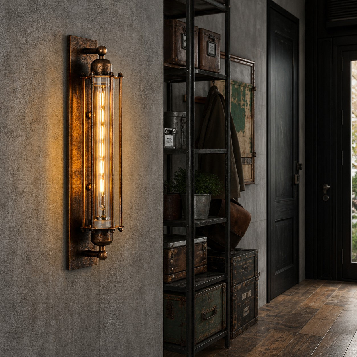 Antique brass tube wall sconce in a loft hallway