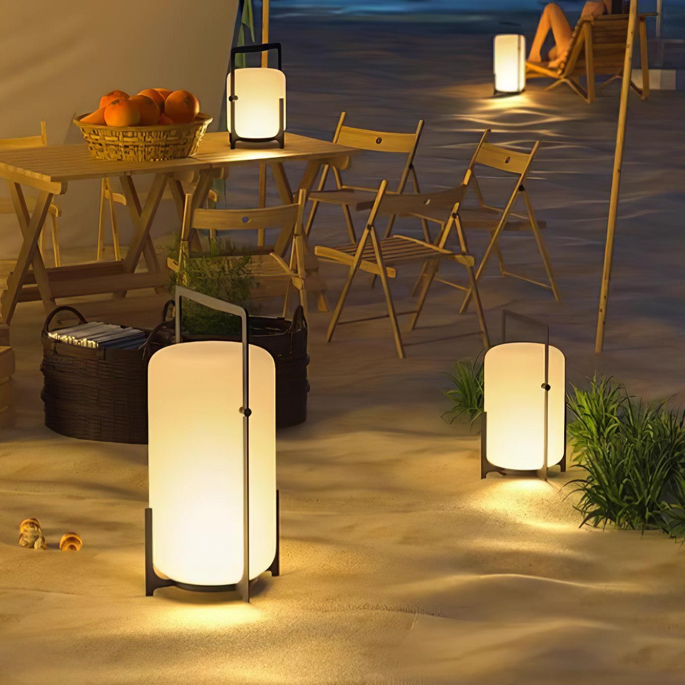 Black Lantern Table Lamp - Outdoor LED Light with Blown Glass Shade