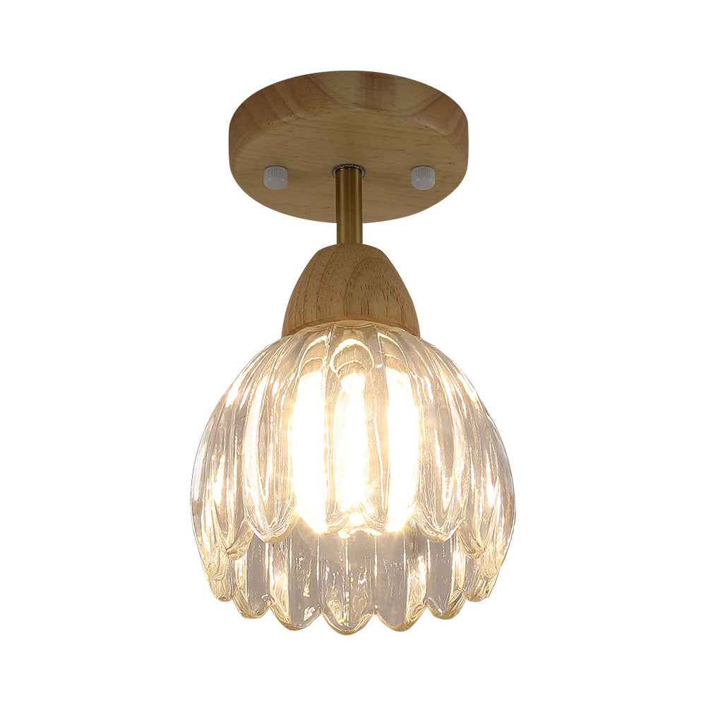 Clear Glass Ceiling Light - Minimalist Flower Wood Fixture for Hallway