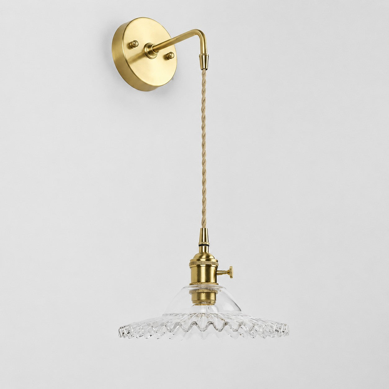 High clear glass wall light with brass arm, 912TW shade 7 cm high and 22 cm diameter
