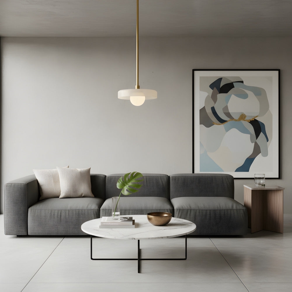Kalo Modern Pendant Light - Sleek Metal Rod and Disc Orb Glass Design