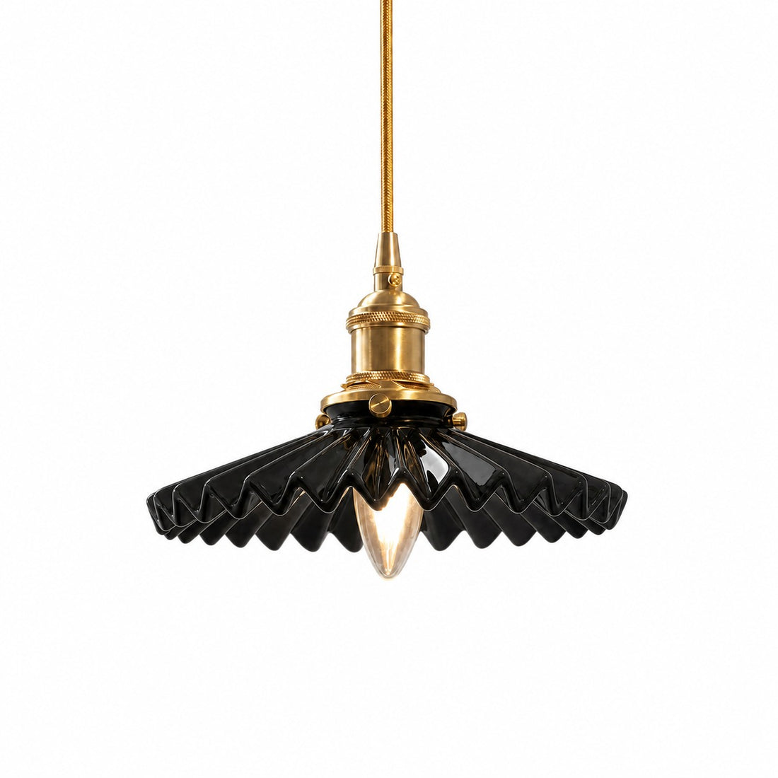 Black pleated ceramic pendant light with brass-finish base
