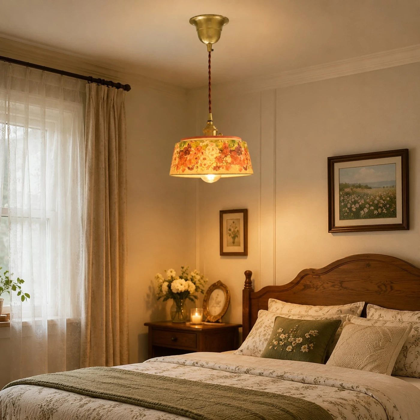 Vintage floral ceramic pendant light detail and room view