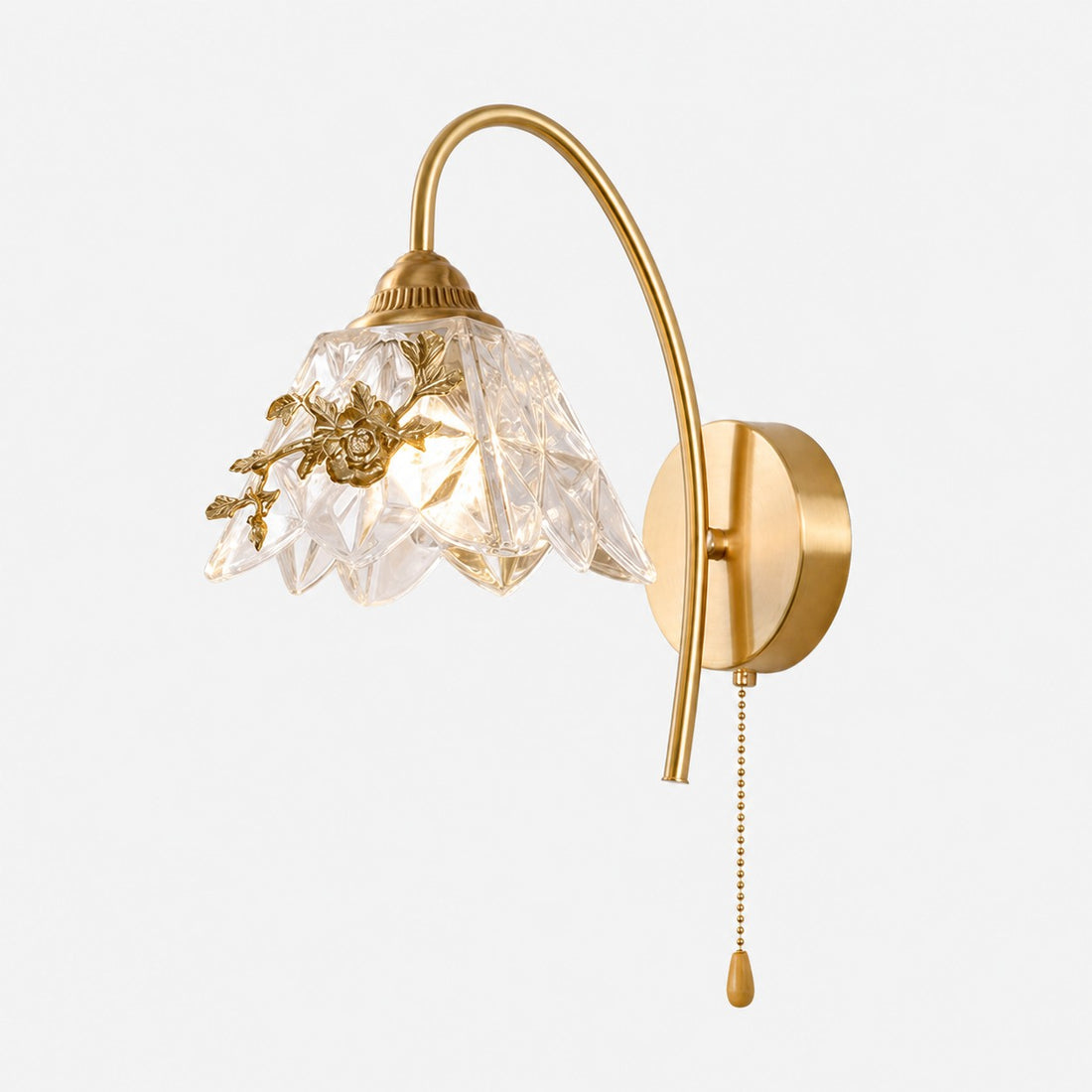 Style B French floral brass-tone wall sconce with pull chain