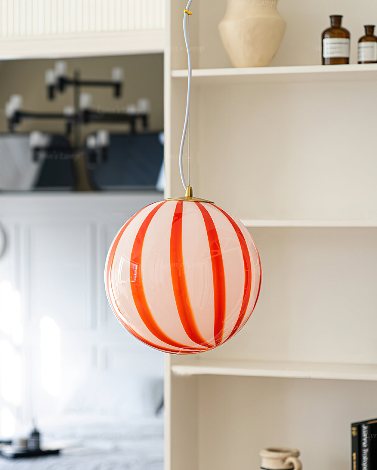 Red Striped Glass Globe Hardwired Pendant