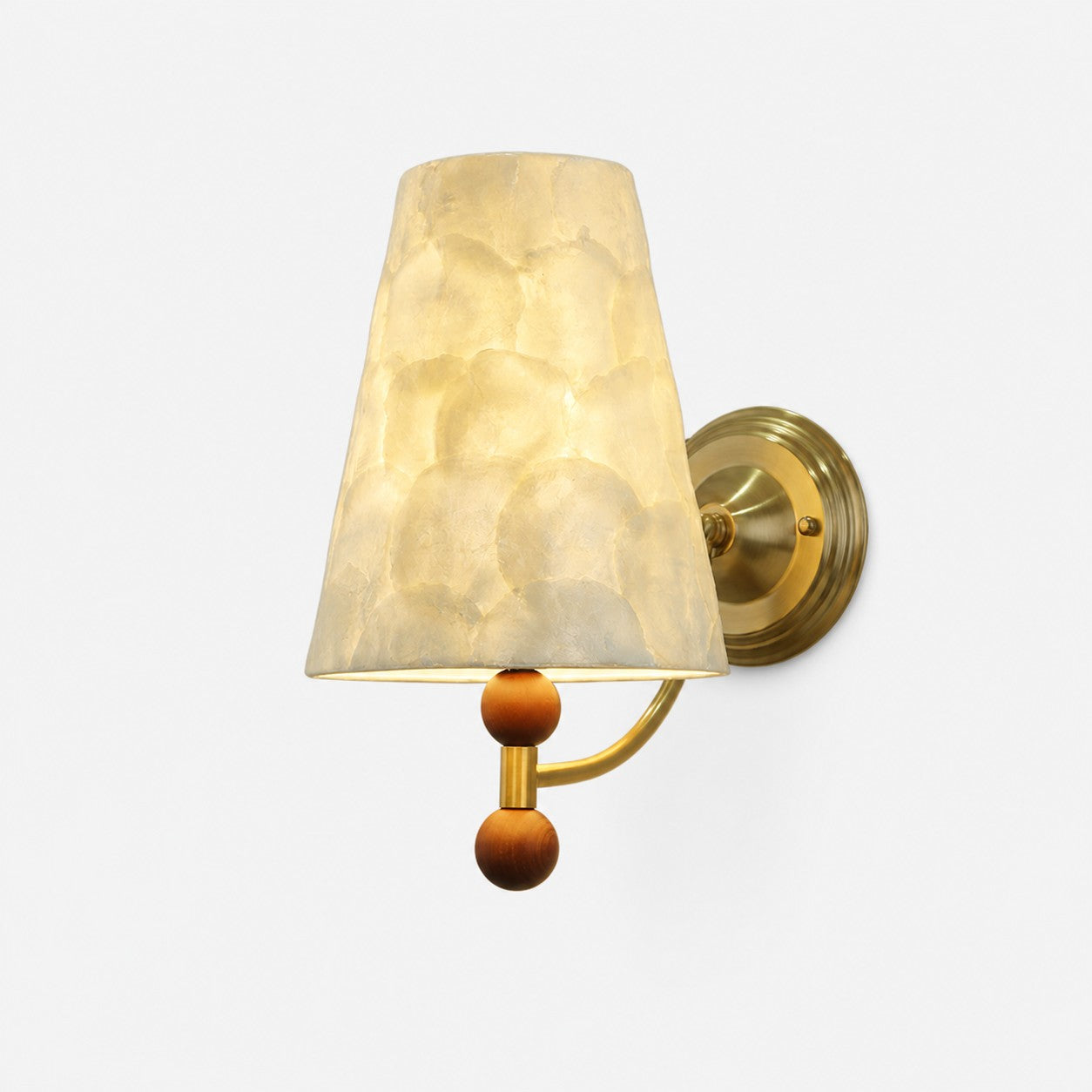 Capiz shell LED wall sconce with brass-tone frame and wood accents
