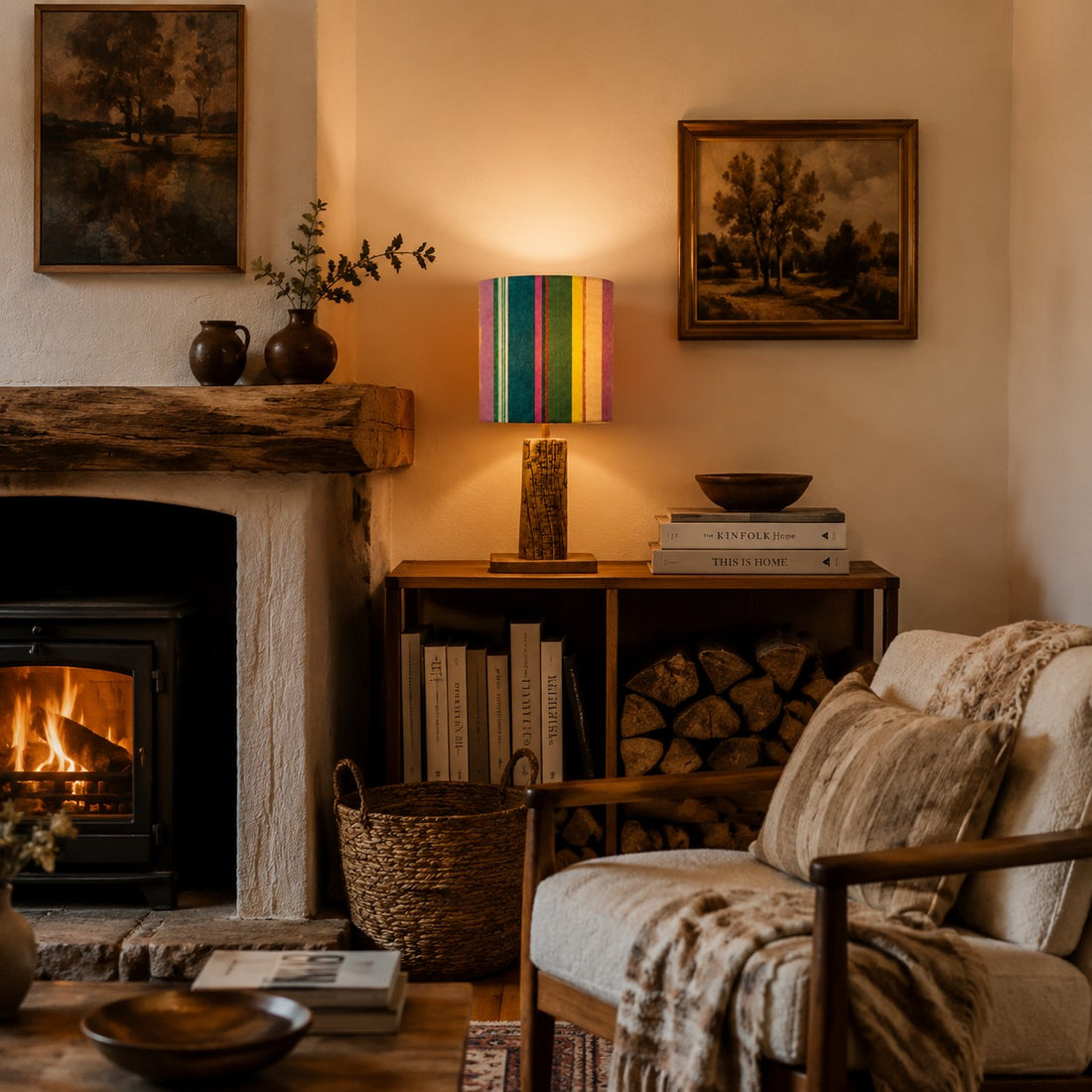 Colorful printed fabric table lamp in a styled interior