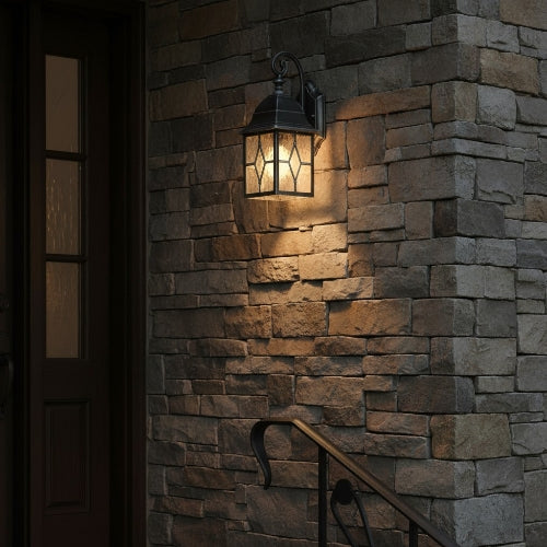 Frostine Traditional Outdoor Wall Light - Leaded Water Glass Lantern for Porch and Patio Lighting
