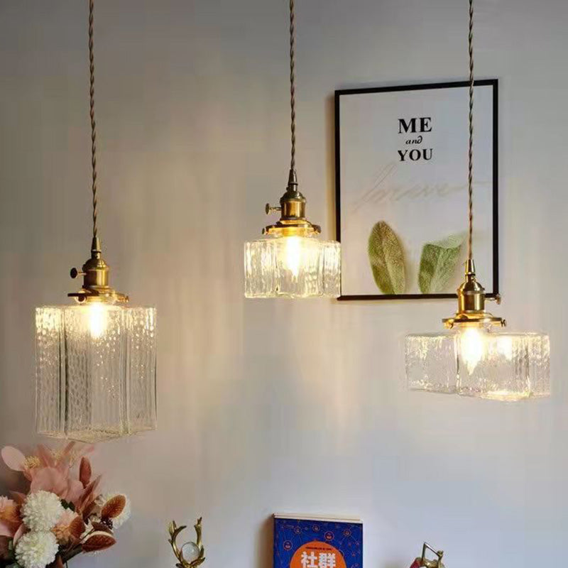 Traditionelle Vintage Quadrat Rechteck Ripple Glas Eisen 1-Licht Pendelleuchte für Wohnzimmer