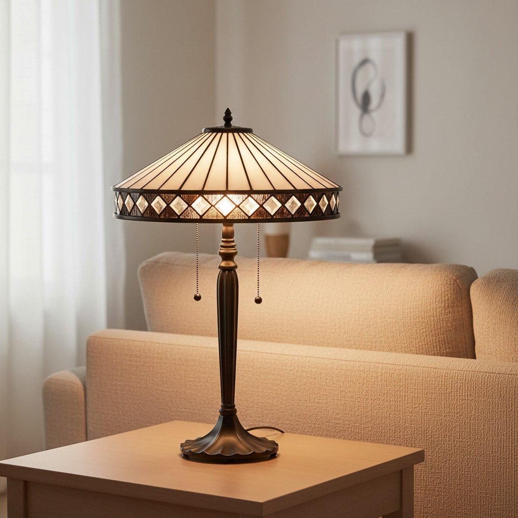 TF Fargo Geometric Tiffany Style Lamp — Amber and Cream Glass Accent Lighting for Bedroom or Study