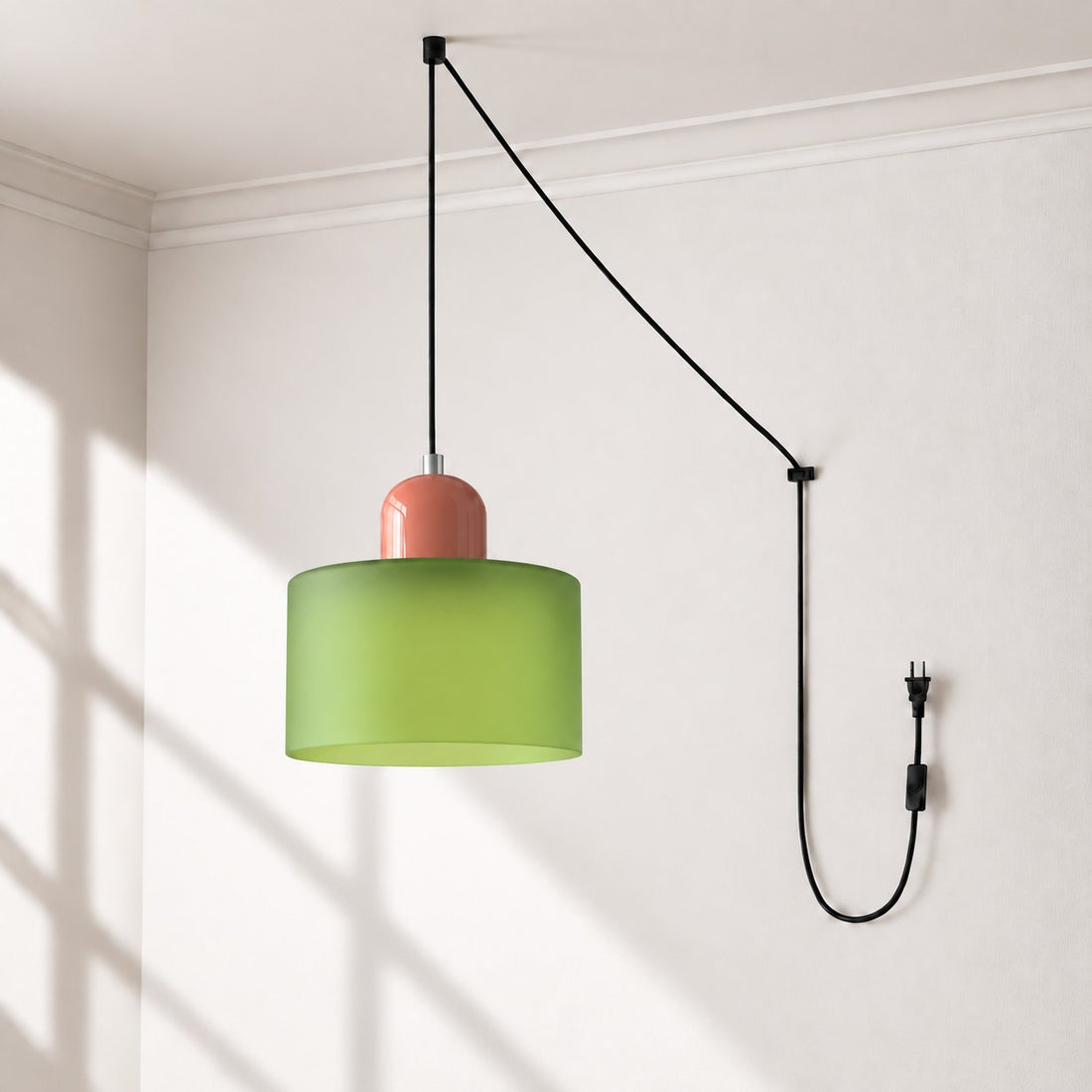 Mid-Century-Makronen-Pendelleuchte mit Stecker und Zugkabel - Bunter Lampenschirm als Hängelampe für die Wohnraumdekoration