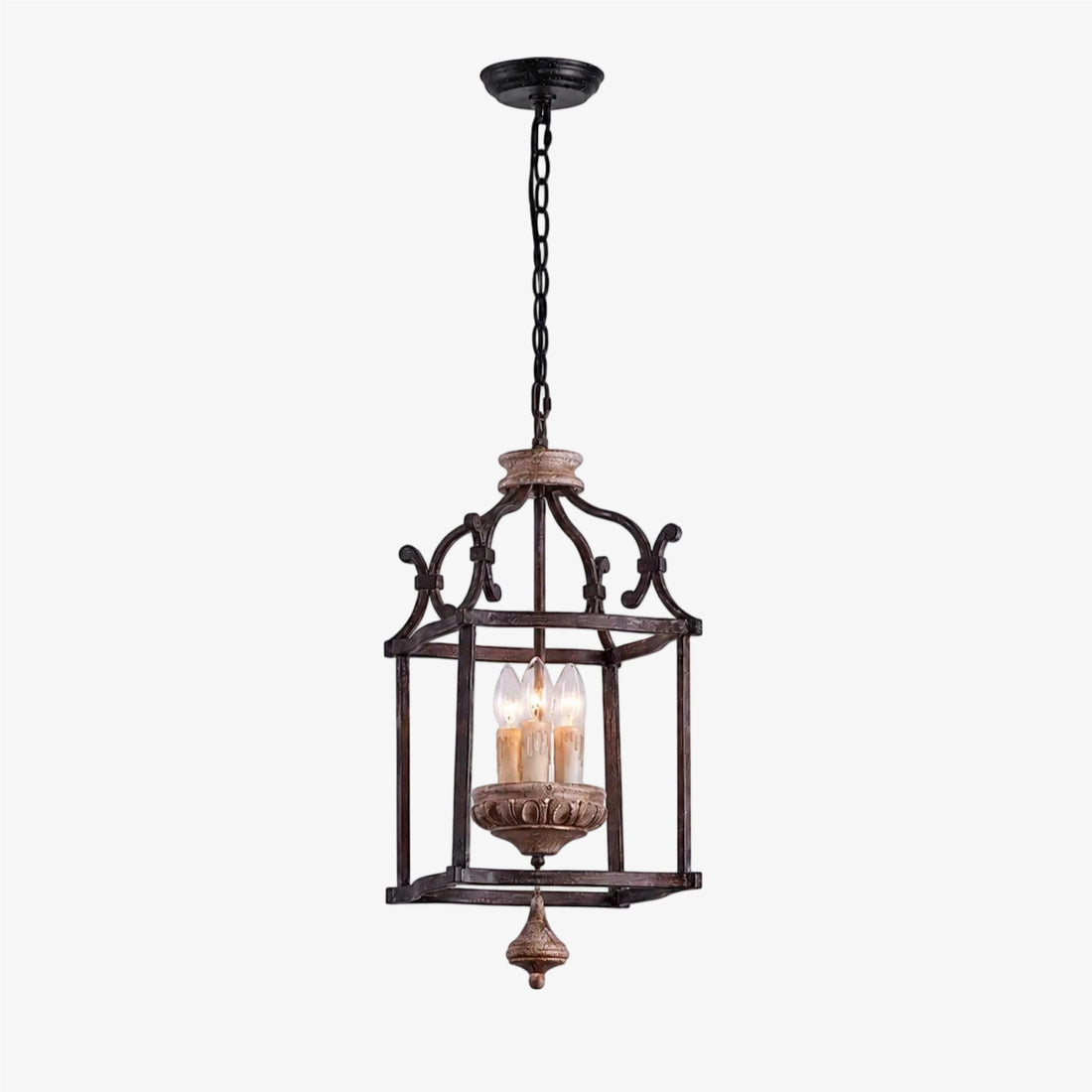 Rustic birdcage pendant lamp with iron frame and wood accent