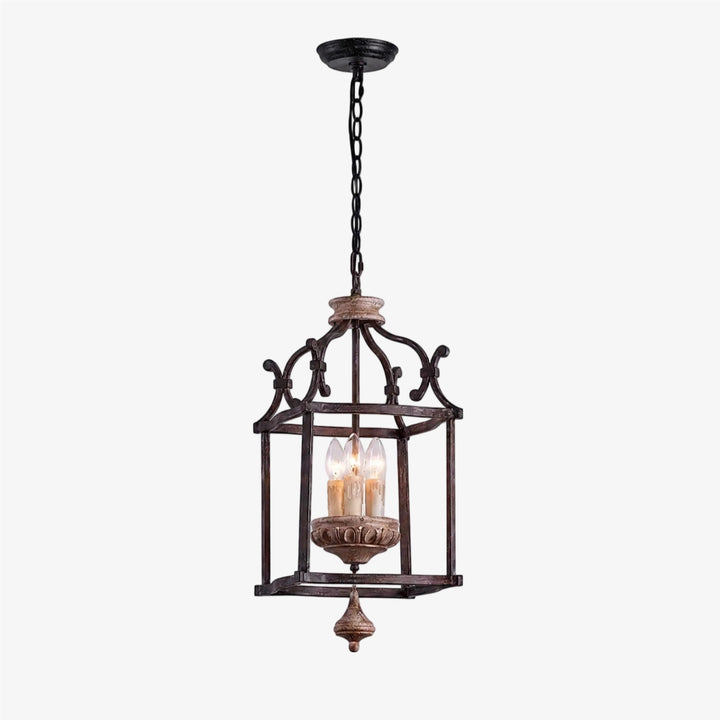 Rustic birdcage pendant lamp with iron frame and wood accent