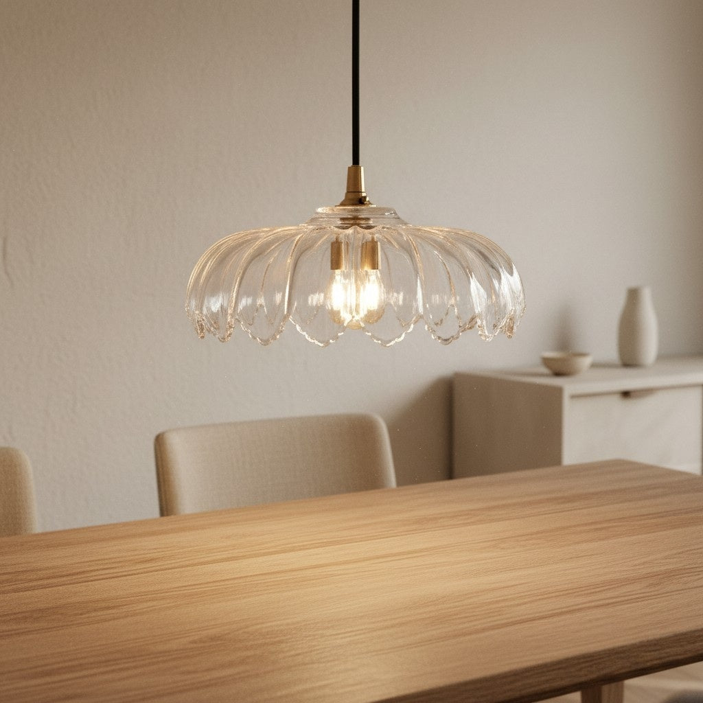 Floriaxis Floral Glass Pendant Light — Floral Glass Shade with Braided Cable for Kitchen or Dining