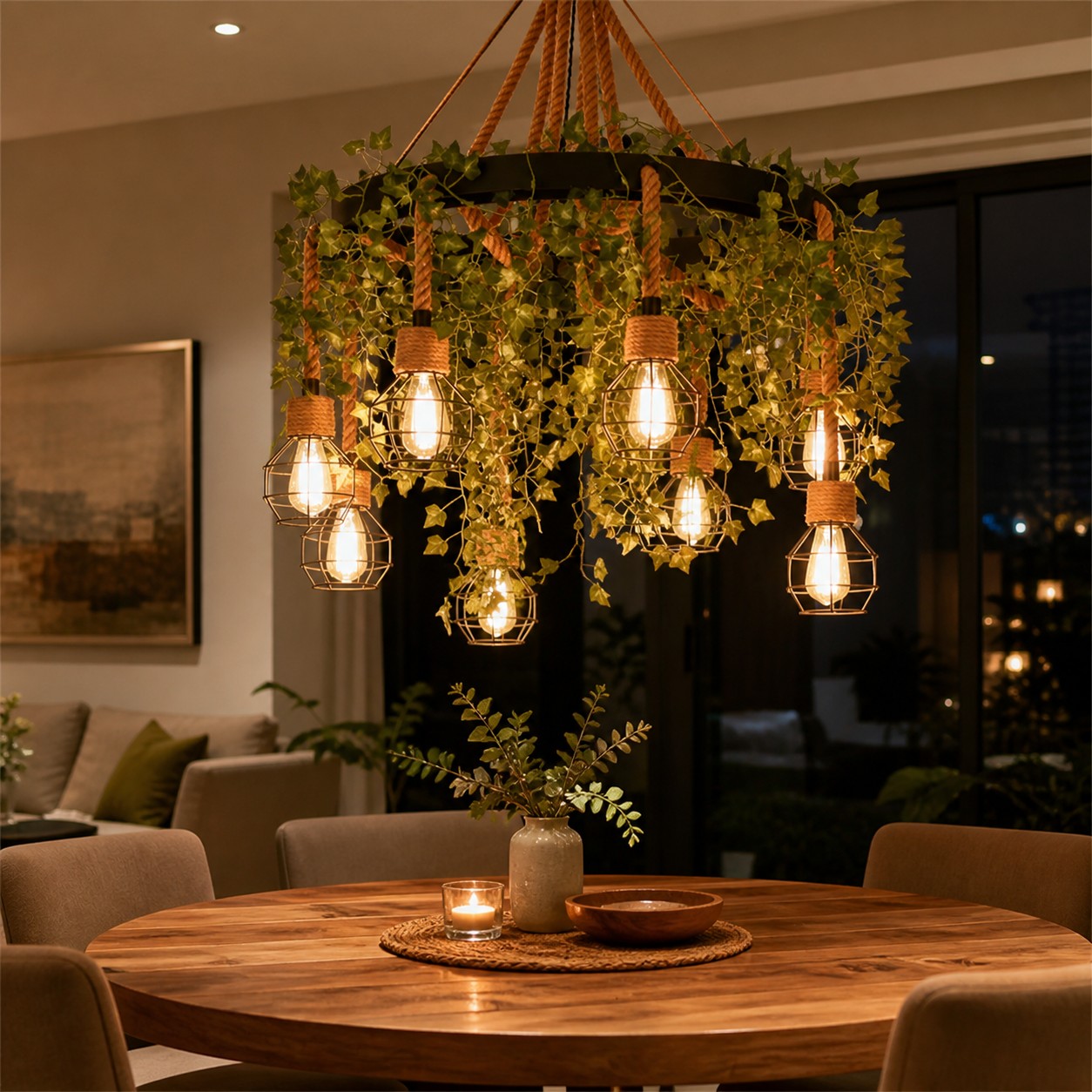 Rope-Wrapped Industrial Ring Chandelier