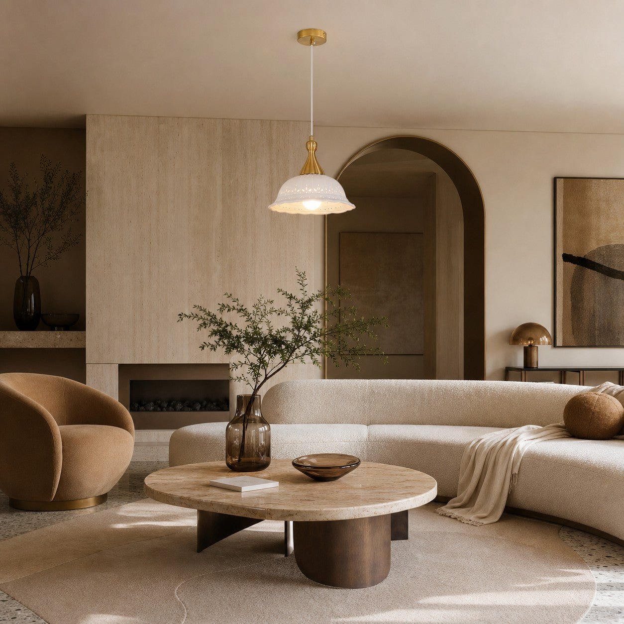 White pendant chandelier above a low table