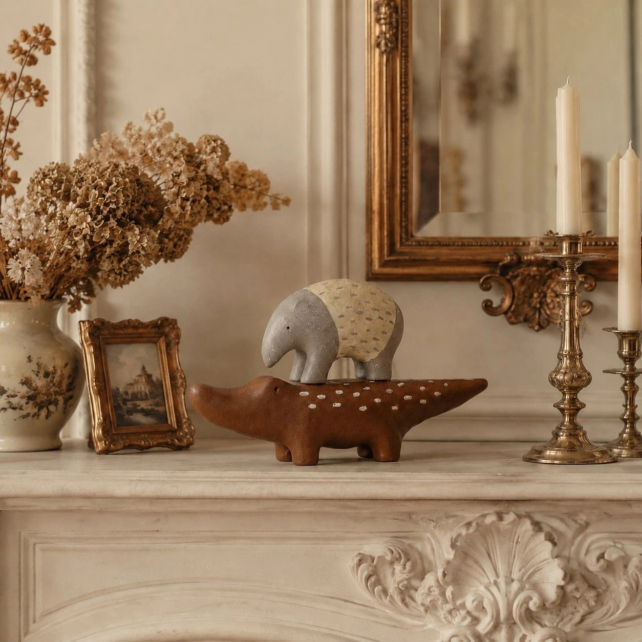 Animal resin decor styled with books and shelf objects