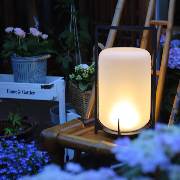 Schwarze Laternen-Tischlampe – LED-Außenleuchte mit Schirm aus geblasenem Glas