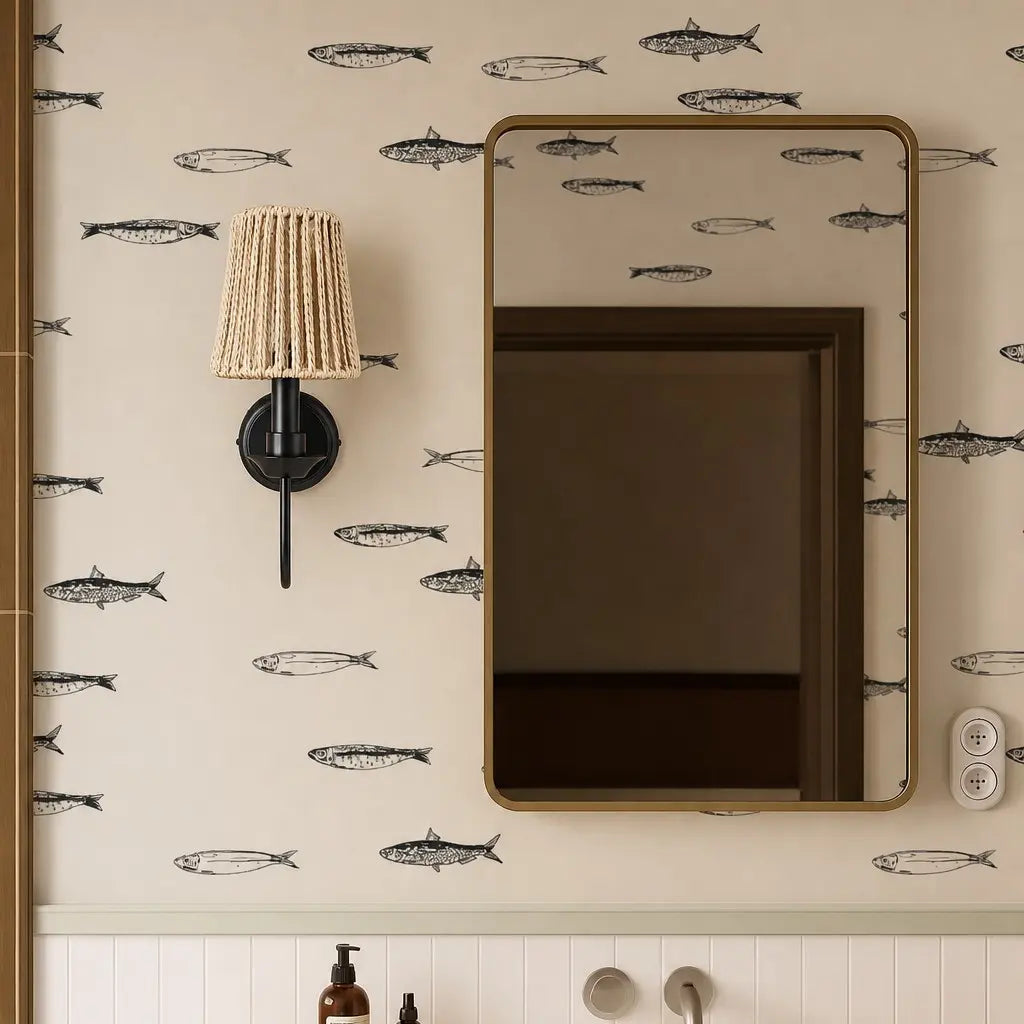 Fabric wall sconce beside a wall mirror