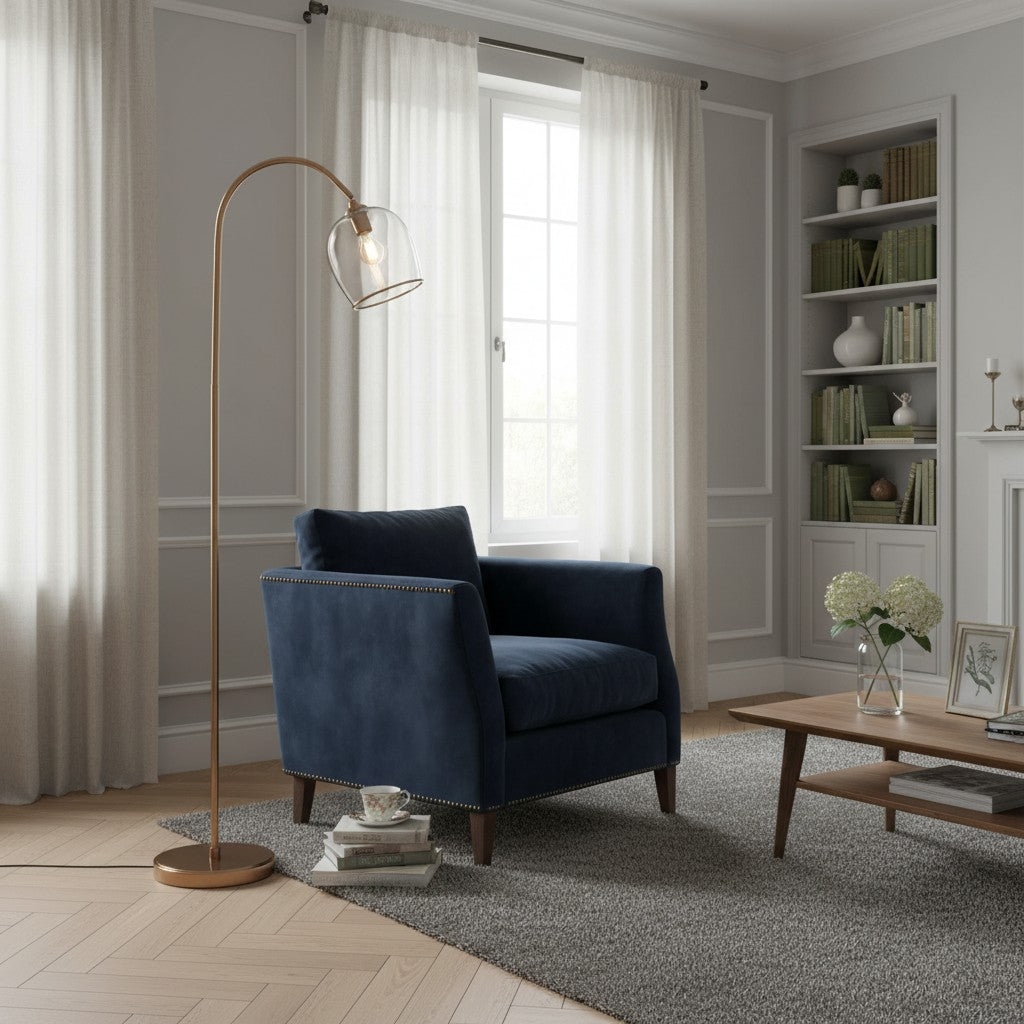 Brazara Adjustable Glass Shade Floor Lamp – Curved Metal Stem for Living Spaces