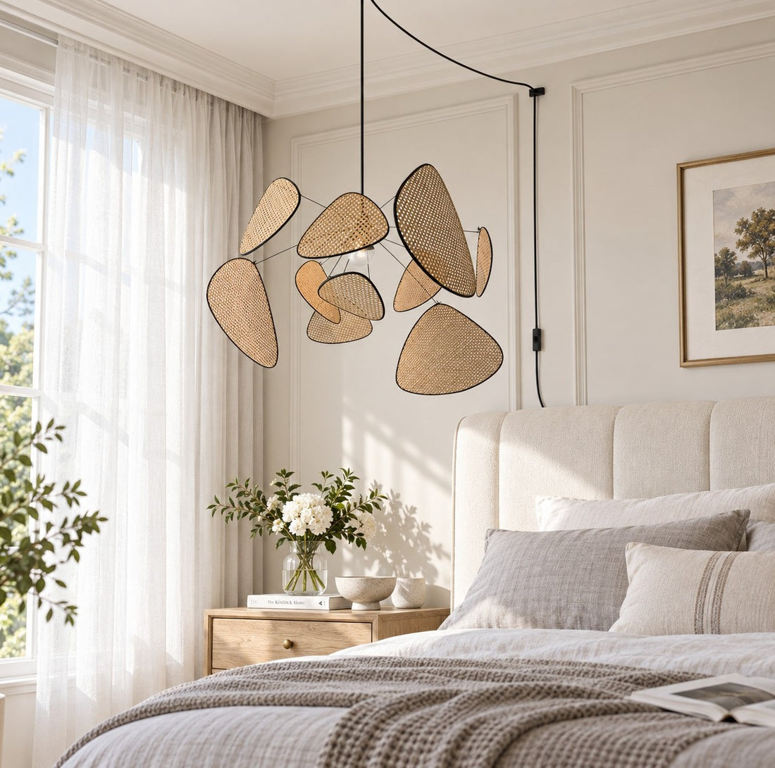 Rattan-Kronleuchter mit Steckerkabel