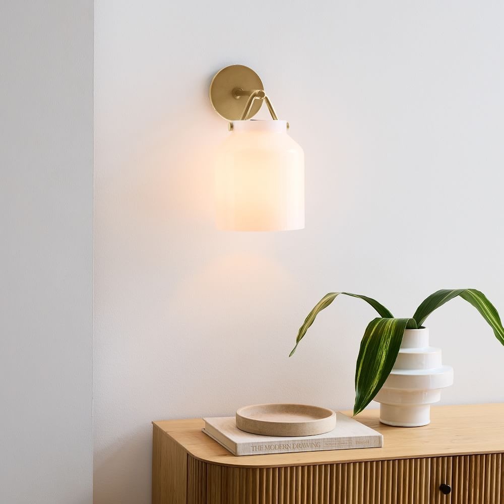 Hanton Brass Damp Rated Sconce - Modern Glass Wall Light for Bathroom