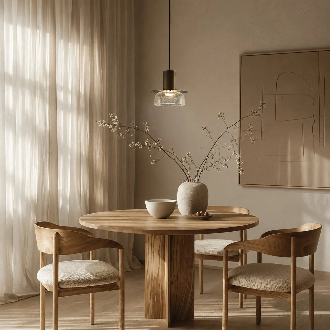 Clear brass glass pendant light installed above a round dining table