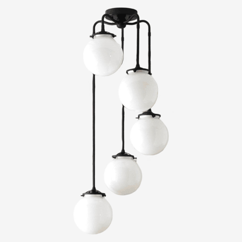 Glorica Glass 5 Globe Chandelier - Brass and Opal Glass Vintage Pendant Light