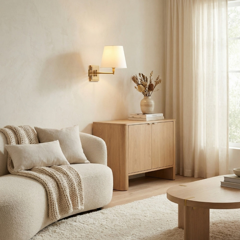 Arcuma Modern Adjustable Arm Wall Sconce with Linen Shade - Contemporary Metal Lighting for Living Room