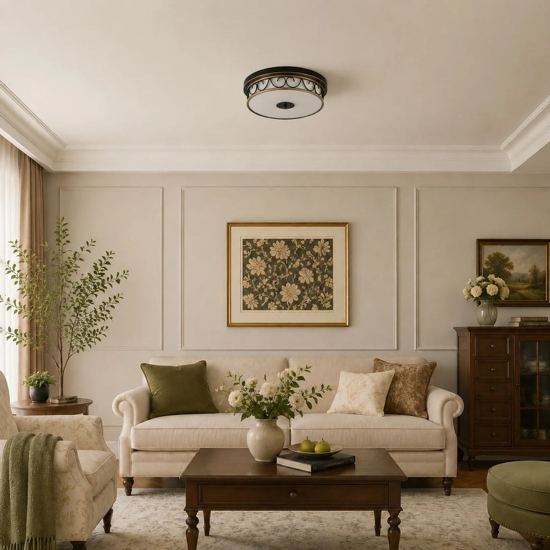 Flush mount ceiling light showing room scale above a sofa