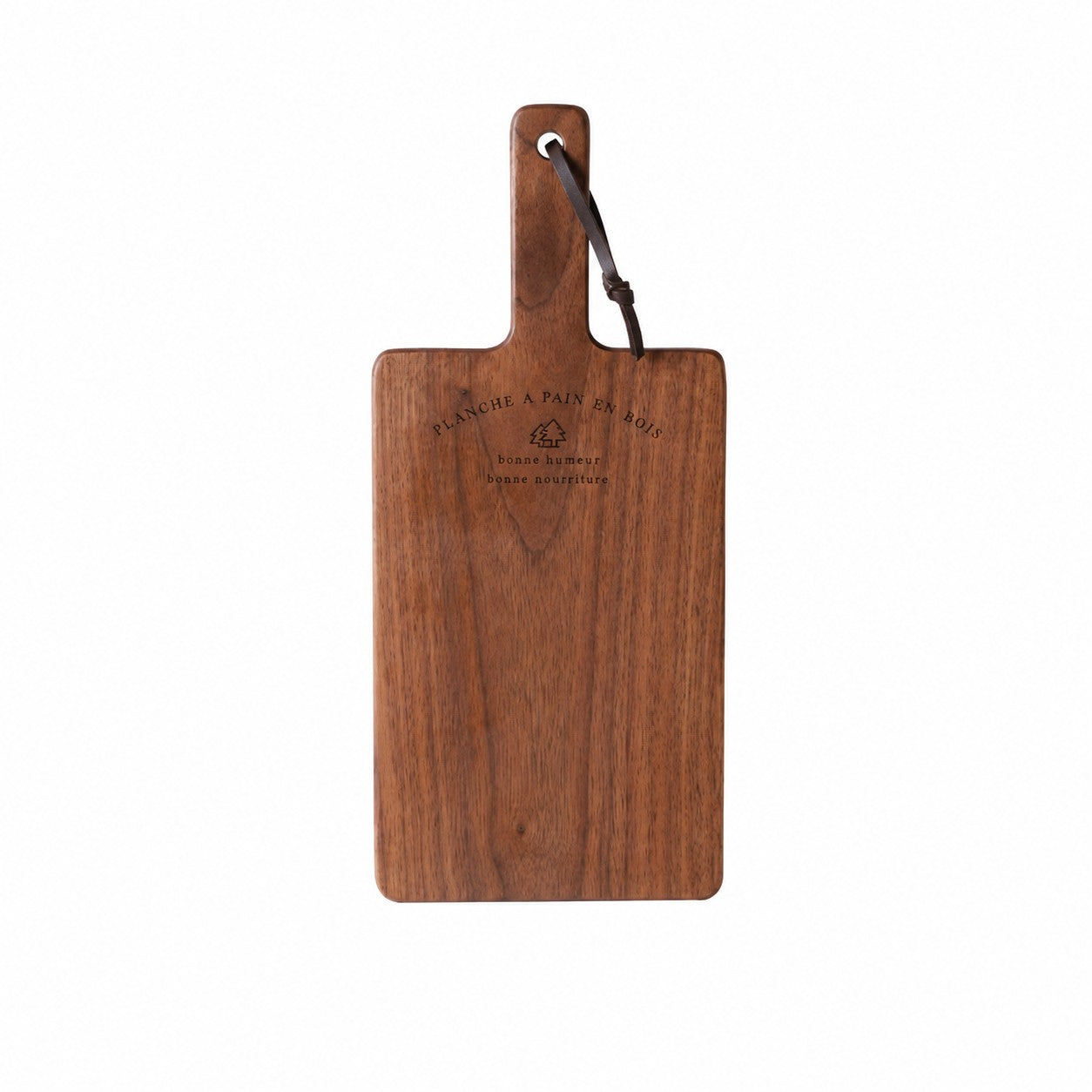 Medium black walnut cutting board on a white background