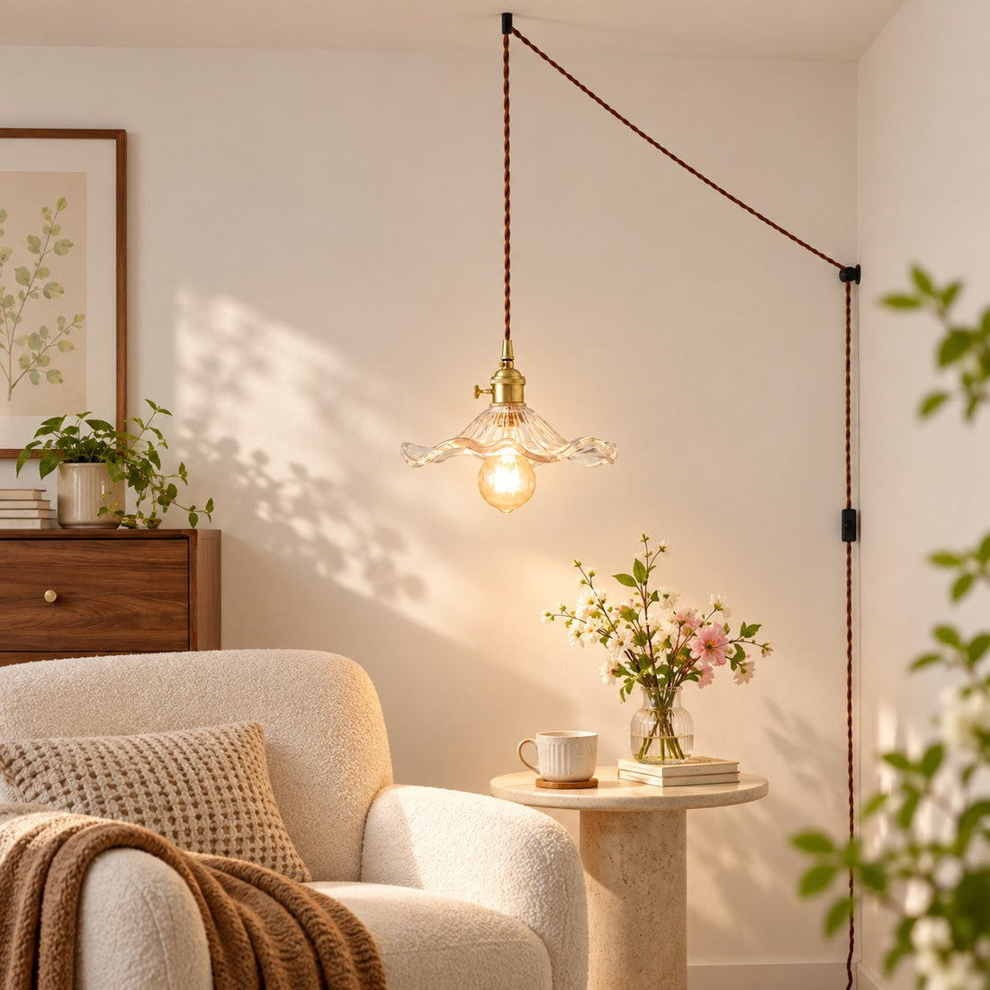 Geriffelte florale Glas-Hängeleuchte mit Kabel