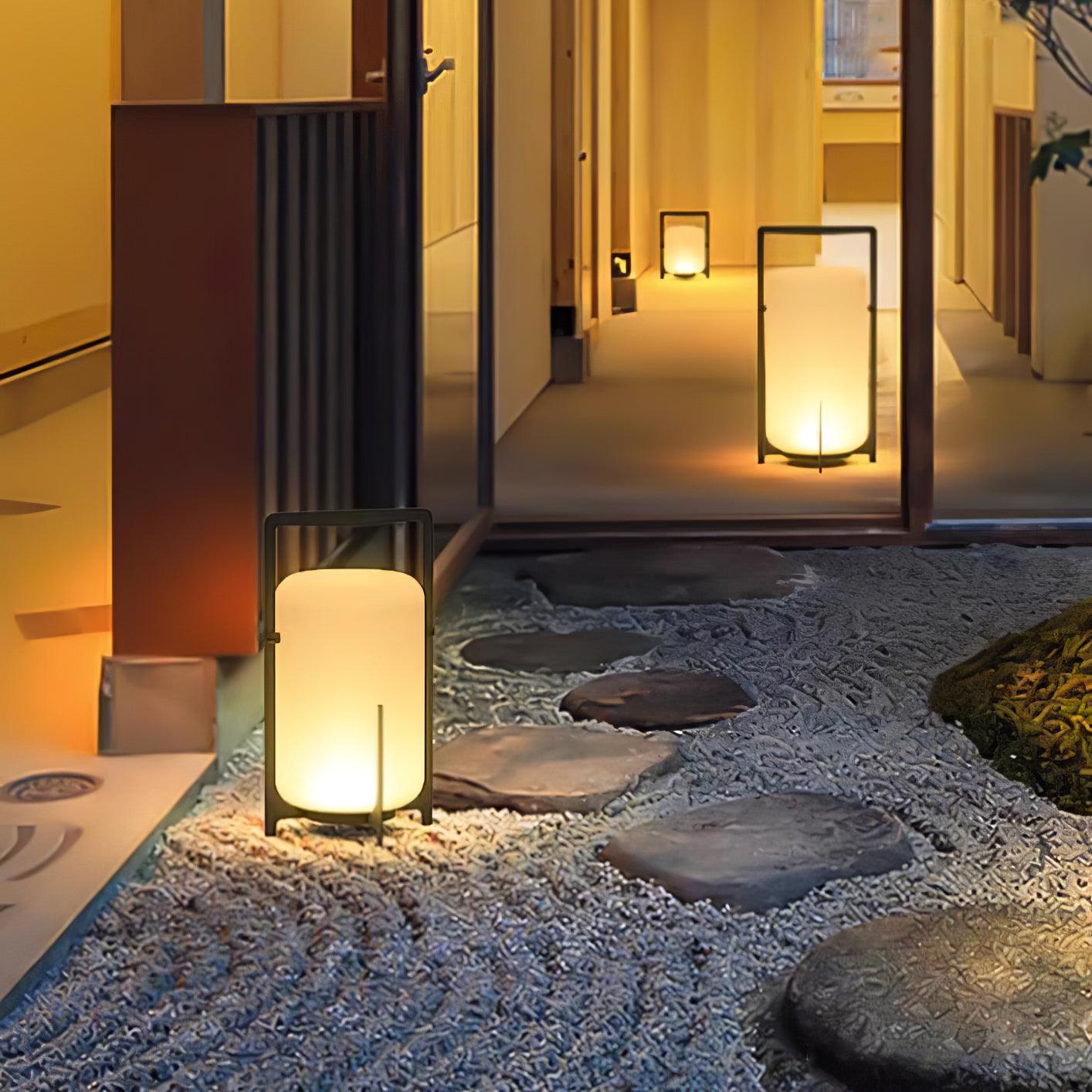 Black Lantern Table Lamp - Outdoor LED Light with Blown Glass Shade