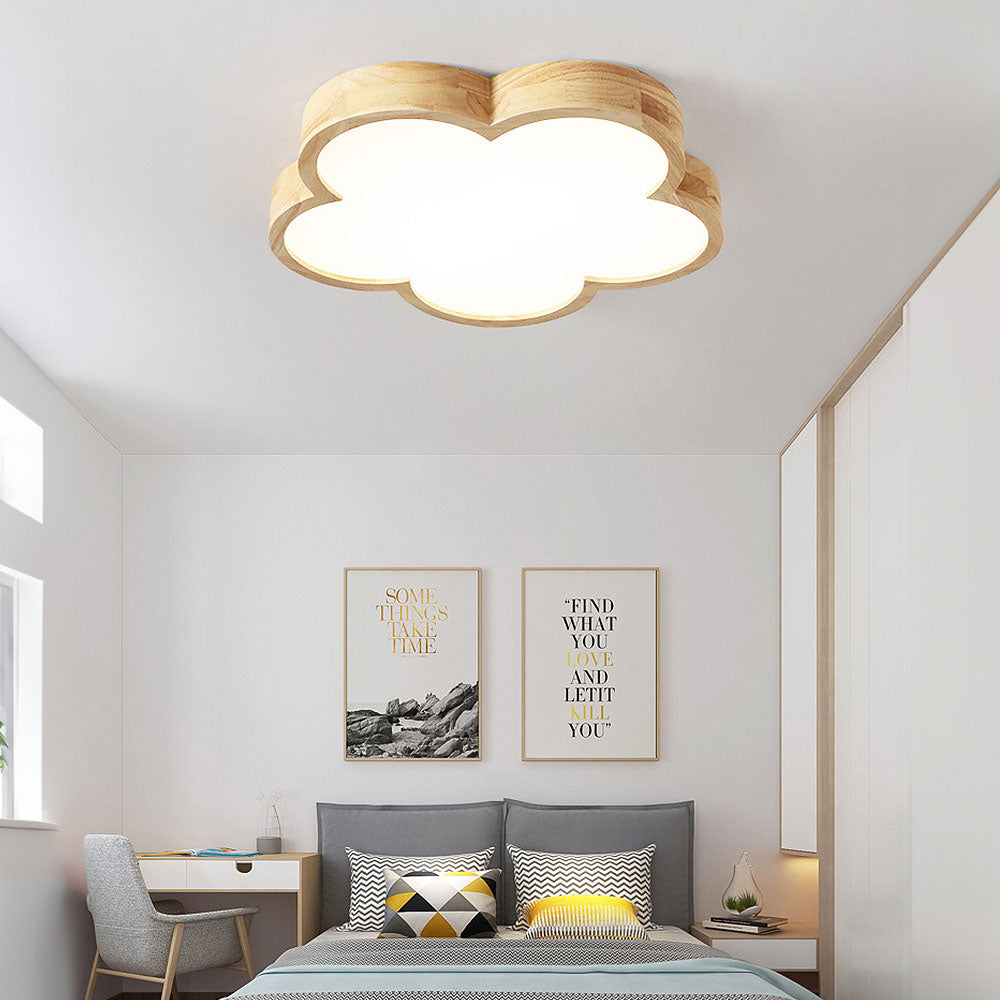 Natural Wood Ceiling Light - Wabi-Sabi Flowers LED Bedroom Fixture