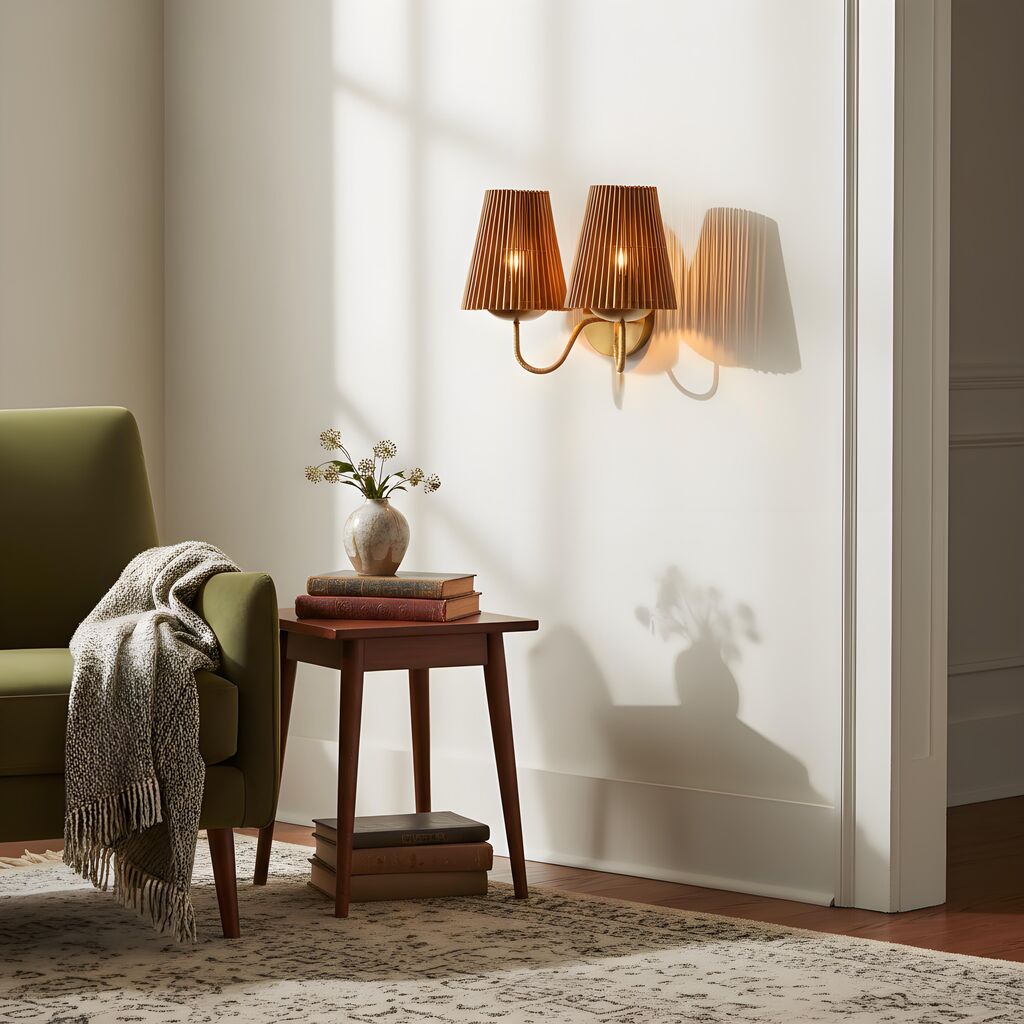 Zhoove Bamboo Wall Lamp - Pleated Natural Shade Design for Living Room or Bedroom