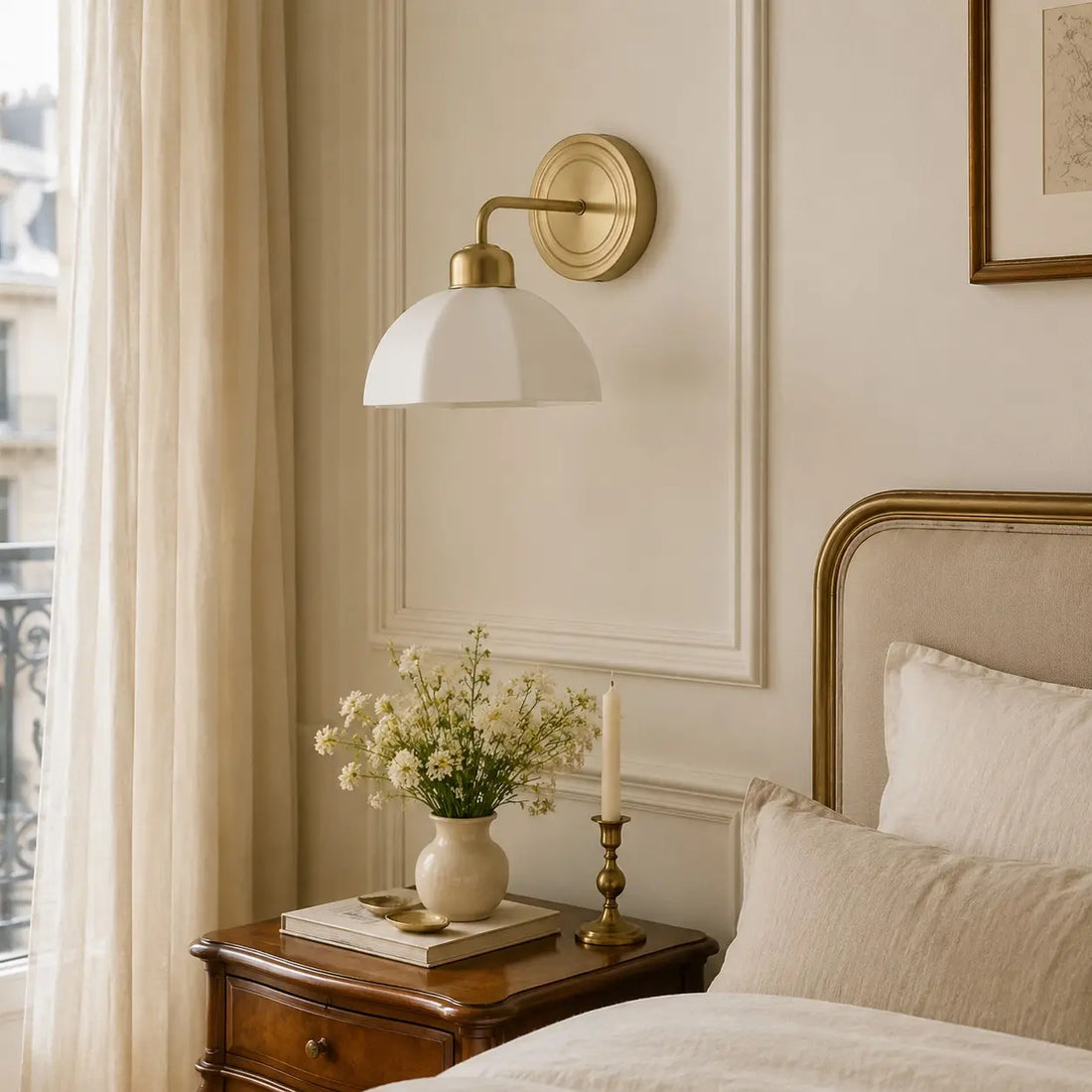 White milk glass wall lamp installed beside a bed