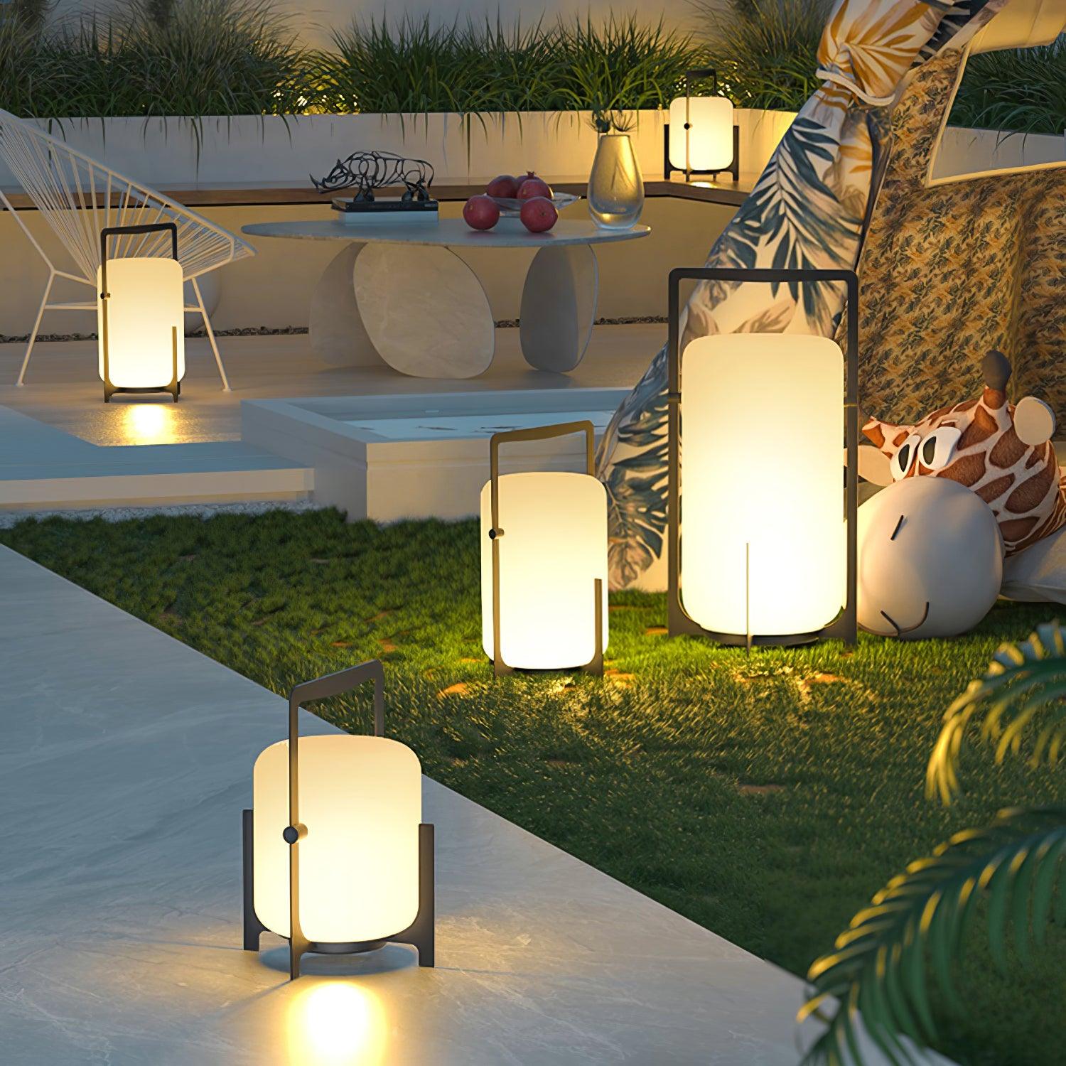 Black Lantern Table Lamp - Outdoor LED Light with Blown Glass Shade