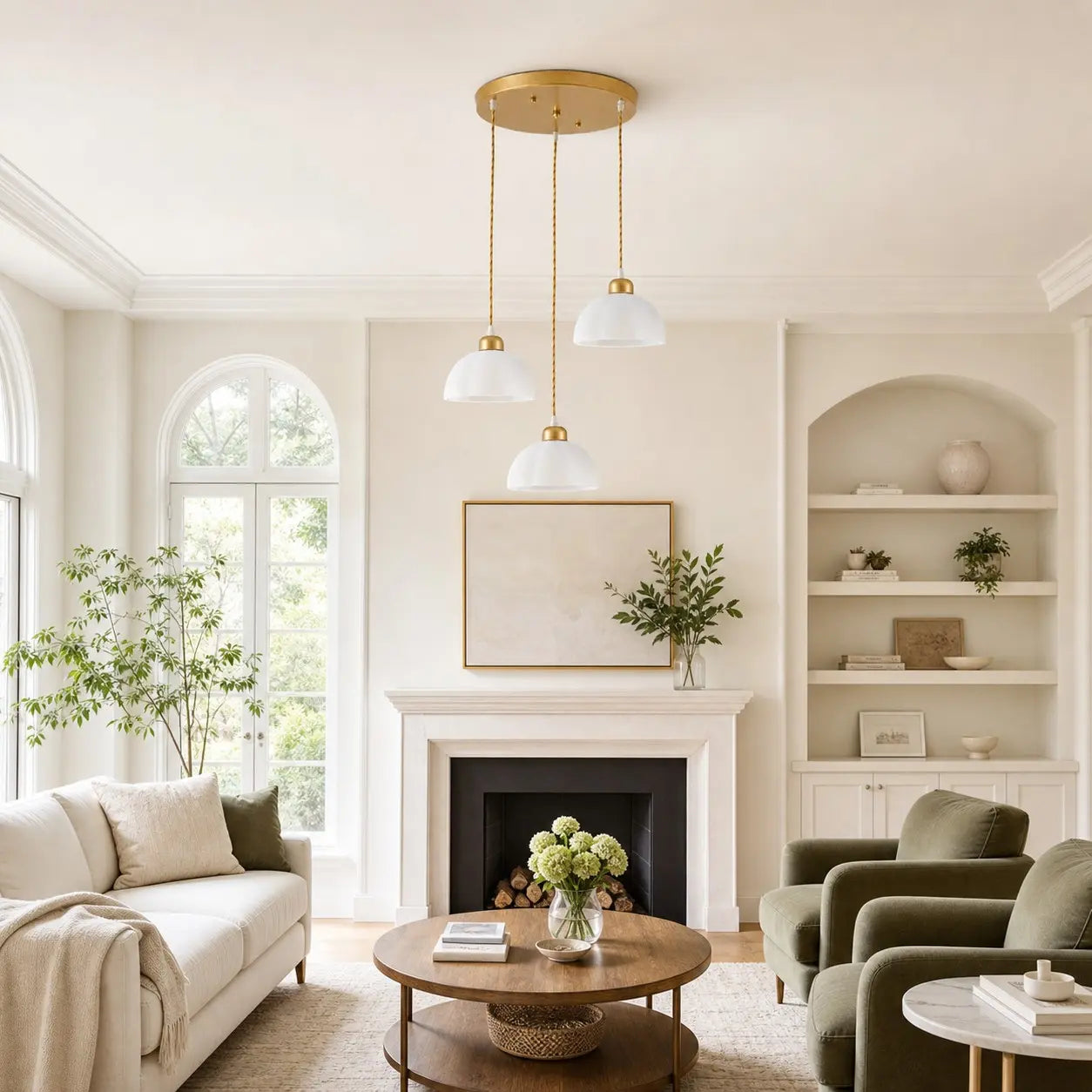 Milk glass pendant lighting installed above a dining area
