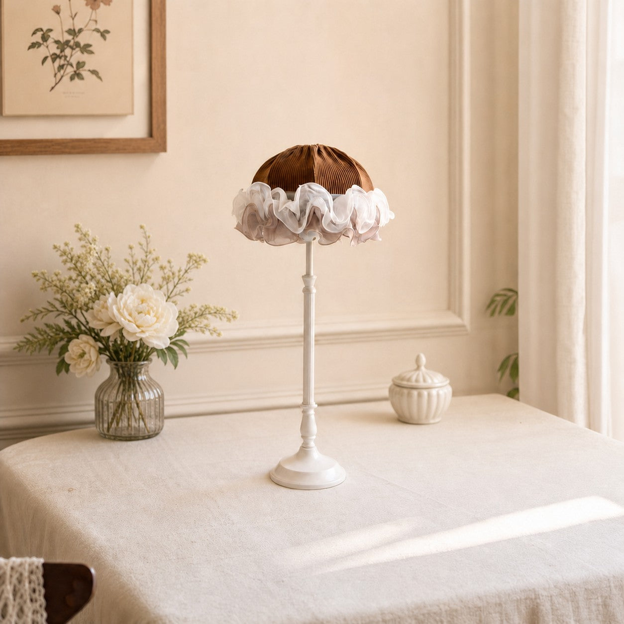 French vintage table lamp in soft bedroom table setting