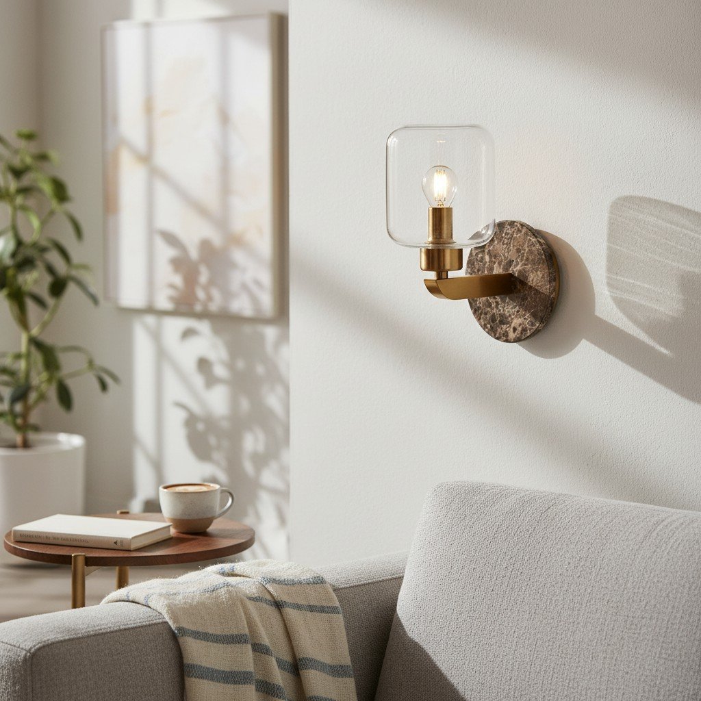 Korlisse Modern Marble Wall Light - Vintage Brass & Clear Glass Accent for Living Room and Hallway