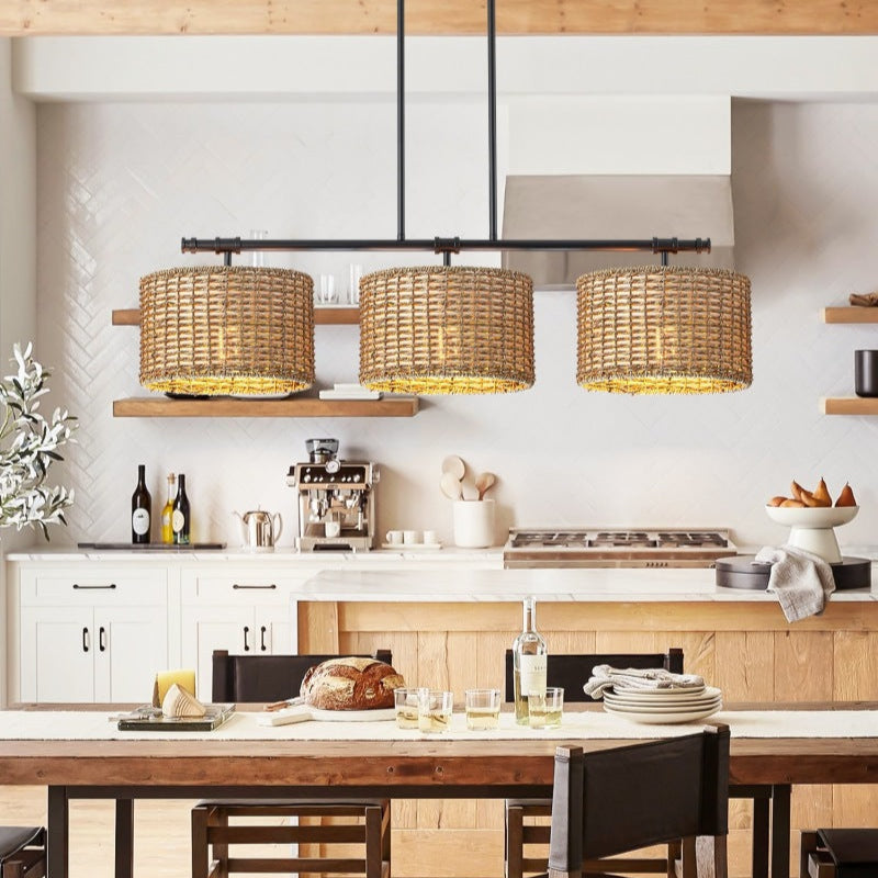3 Light Handwoven Drum Farmhouse Pendant Light