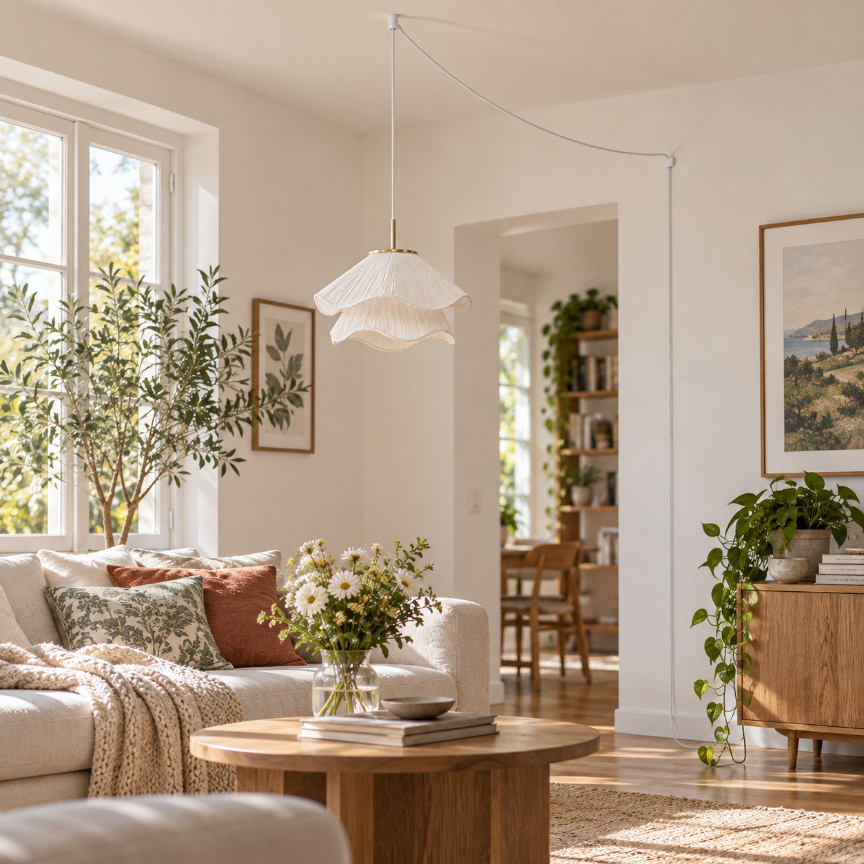 Plug-in-Pendelleuchte mit mehrlagigem plissiertem Stoff