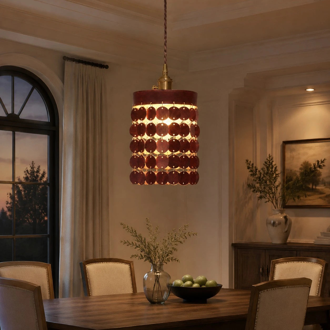 Brown leather pendant light in an evening dining room