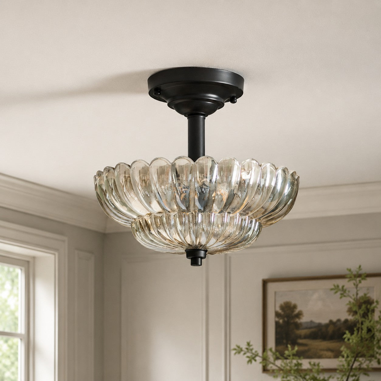 Fluted glass semi-flush ceiling light installed in a bright room