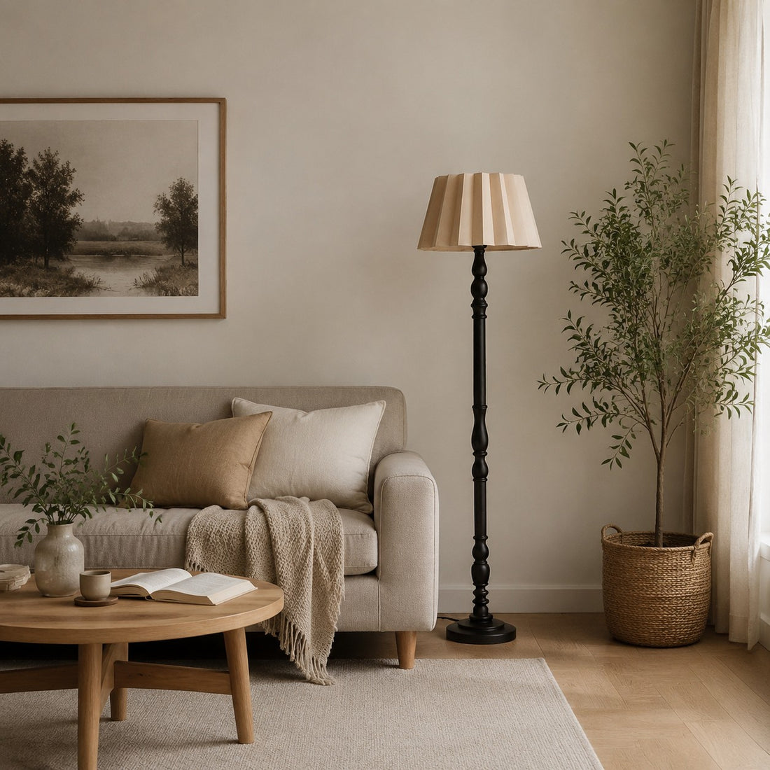 Vintage Fabric Shade Floor Lamp with Turned Wood Base