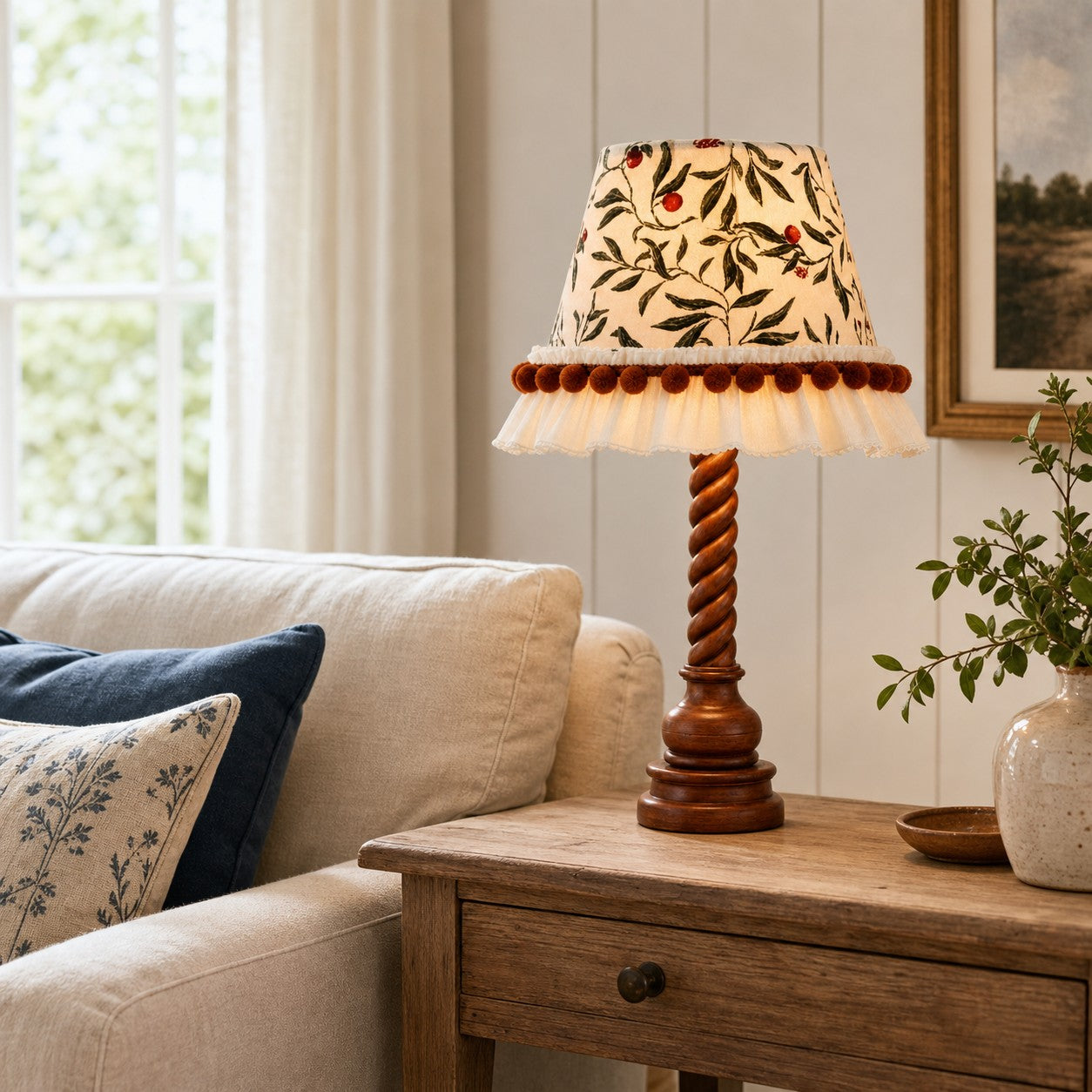 Twist wood table lamp on a living room side table