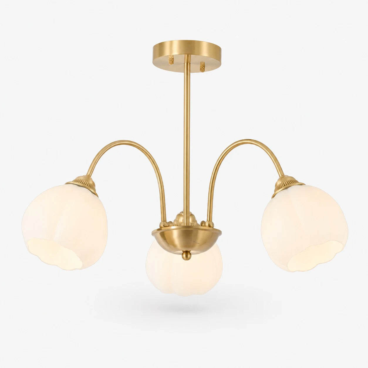 Three-arm antique brass chandelier with glass shades