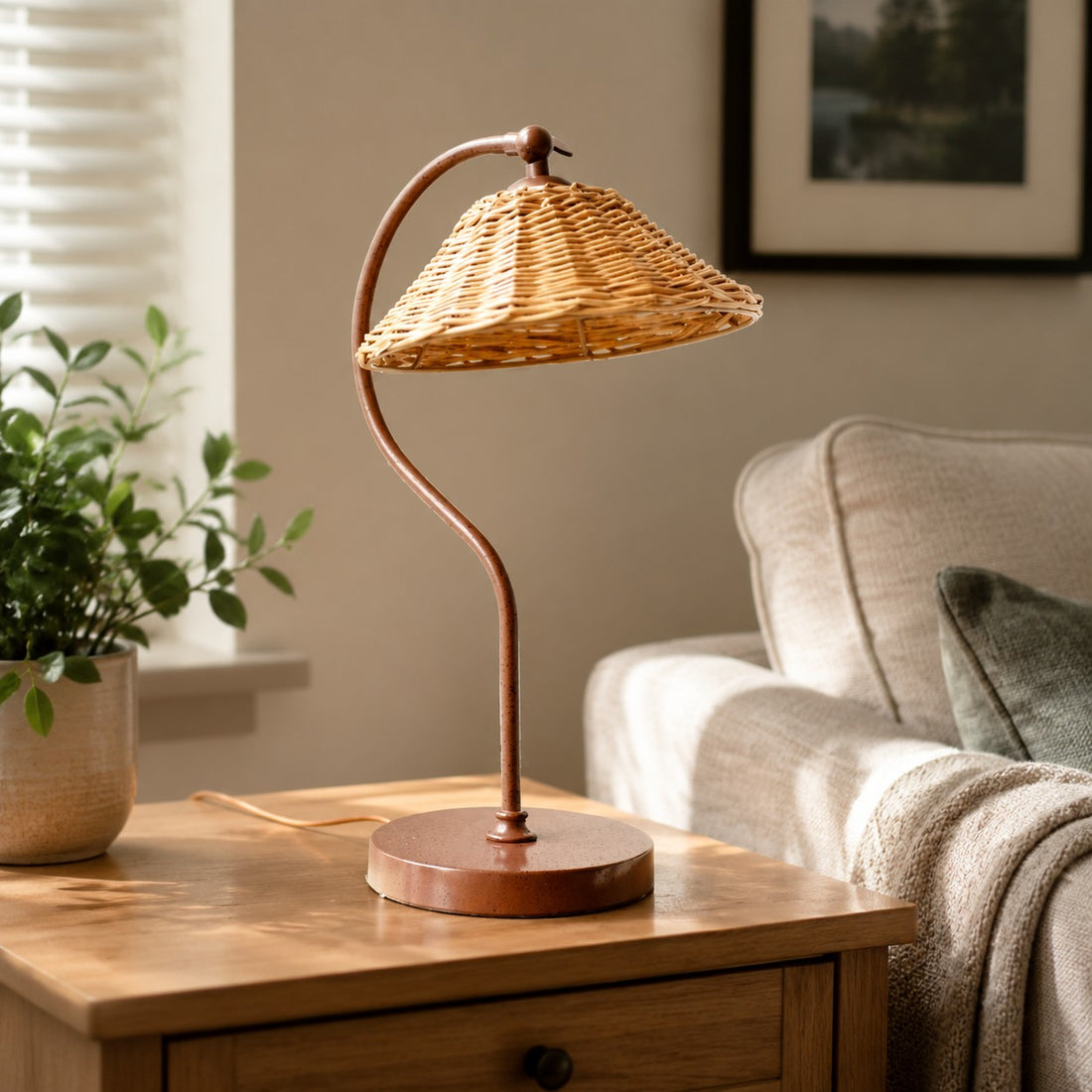 Handwoven Rattan Shade Table Lamp with Curved Metal Frame